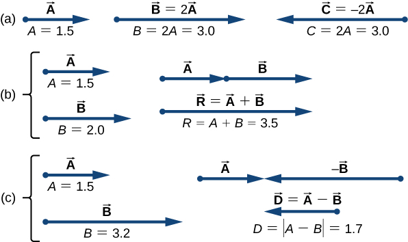 Figure a shows vector A pointing to the right. It has magnitude A=1.5. Vector B=2 time vector A points to the right and has magnitude B = 2 A = 3.0. Vector C = -2 times vector A and has magnitude B = 2.0. Figure b shows vector A points to the right and has magnitude A=1.5. Vector B is shown below vector A, with their tails aligned. Vector B points to the right and has magnitude 2.0. In another view, Vector A is shown with vector B starting at the head of A and extending further to the right. Below them is a vector, labeled as vector R = vector A plus vector B, pointing to the right whose tail is aligned with the tail of vector A and whose head is aligned with the head of vector B. The magnitude of vector R is equal to magnitude A plus magnitude B = 3.5. Figure c shows vector A points to the right and has magnitude A=1.5. Vector B is shown below vector A, with their tails aligned. Vector minus B points to the right and has magnitude 3.2. In another view, Vector A is shown with vector minus B pointing to the left and with its head meeting the head of vector A. Below them is a vector, labeled as vector D = vector A minus vector B, shorter than B and pointing to the left whose head is aligned with the head of vector B. The magnitude of vector D is equal to magnitude of quantity A minus B = 1.7.