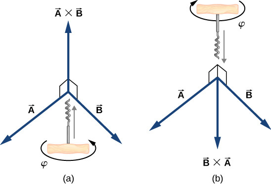 Vector A points out and to the left, and vector B points out and to the right. In figure a we are shown the cross product of A cross B pointing up, perpendicular to both A and B. A screw turning an angle phi from A to B would move up. In figure b we are shown the cross product of B cross A pointing down, perpendicular to both A and B. A screw turning an angle phi from B to A would move down.