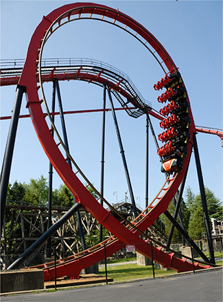 A photo of a roller coaster with a vertical loop. The loop has a tighter curvature at the top than at the bottom, making an inverted teardrop shape.