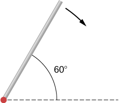 Figure shows a rod that is released from rest at an angle of 60 degrees with respect to the horizontal.