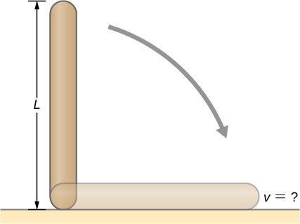 Figure shows a uniform rod of length L and mass M is held vertically with one end resting on the floor. When the rod is released, it rotates around its lower end until it hits the floor.