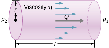 Figure is the schematics of a tube of length l and radius r. Fluid flows through the tube in the direction from greater pressure p2 to lower pressure p1. Flow is laminar and is higher at the center of a tube.