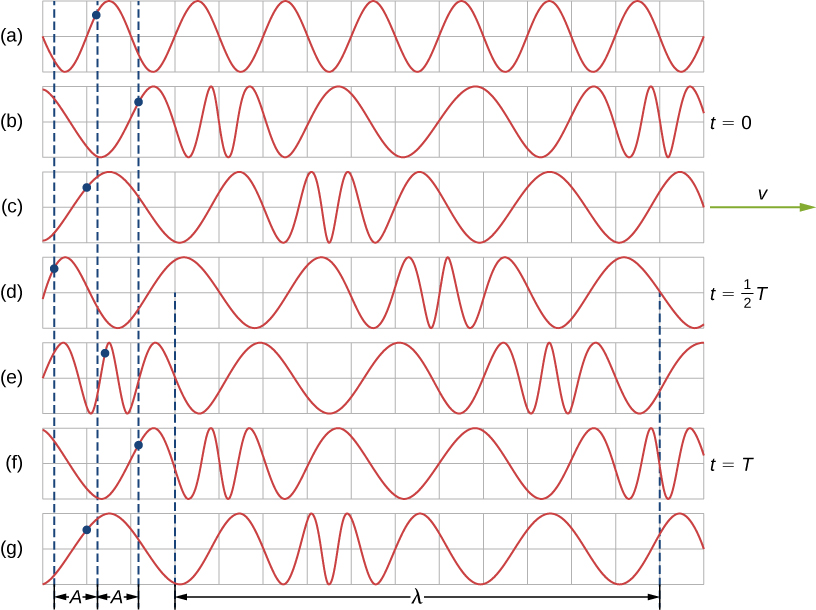 Figures a through g show different stages of a longitudinal wave passing through a spring. A blue dot marks a point on the spring. This moves from left to right as the wave propagates towards the right. In figure b at time t=0, the dot is to the right of the equilibrium position. In figure d, at time t equal to half T, the dot is to the left of the equilibrium position. In figure f, at time t=T, the dot is again to the right. The distance between the equilibrium position and the extreme left or right position of the dot is the same and is labeled A. The distance between two identical parts of the wave is labeled lambda.