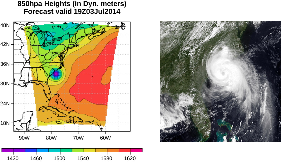 Left figure is a pressure map of Hurricane Arthur travelling up the East Coast. The low pressure center is indicated as the blue dot. Right figure is a satellite photo of Hurricane Arthur travelling up the East Coast of the United States.