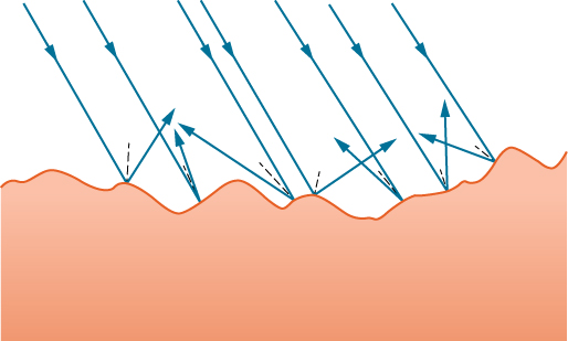 The figure shown parallel light rays falling on a rough surface. The rays hit the surface at different angles to the perpendicular lines to the surface at the points of incidence, and the reflected rays get scattered in different directions.