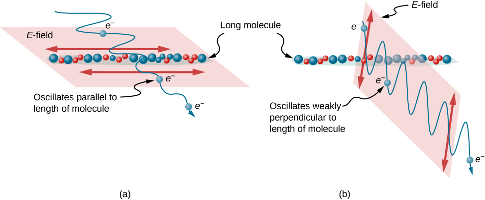 Figure a shows a drawing of a long molecule. An electromagnetic wave goes through the molecule. The wave propagation direction is perpendicular to the molecular axis  and the oscillations of the wave are  parallel to the molecular axis. Electrons oscillate parallel to the length of the molecule. After passing the long molecule, the amplitude of the oscillations of the wave is significantly reduced. Figure b shows a similar drawing, except that the wave oscillates perpendicular to the axis of the long molecule. The electrons oscillate weakly perpendicular to the length of the molecule. After passing the long molecule, the magnitude of the oscillation of the EM wave is unchanged.