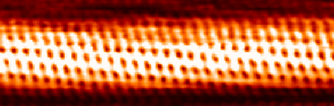 An STM image of a carbon nanotube showing the atoms as red points in a grid like pattern.