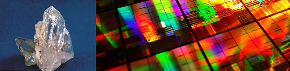 Photograph shows a quartz crystal. Another photograph shows light reflecting off smooth rectangular panels.