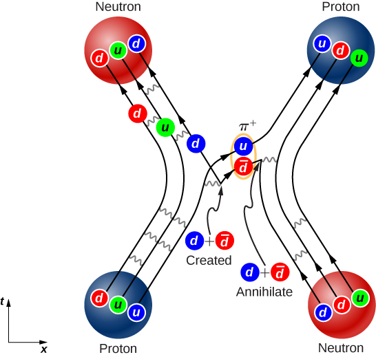 At the top left of the figure is a circle labeled neutron. Within it are three smaller circles labeled d, u, d. At the top right corner is a circle labeled proton. Within it are three circles labeled u, d, u. At the bottom right is a circle labeled neutron. Within it are three circles labeled d, d, u. At the bottom left is a circle labeled proton. Within it are three circles labeled d, u, u. Lines from d, and u in the bottom left proton connect to the d and u in the top left neutron. Lines from the d and u in the bottom right neutron connect to those in the top right proton. A line from the u in the bottom left proton connects to the u in the top right proton. In the middle of this connecting line, the u pairs with another circle, which is labeled d bar. This pair is labeled pi plus. Pointing to the circle labeled d bar from the left is an arrow, whose base is labeled d plus d bar created. A line from the base of the arrow connects to the d in the top left neutron. To the right of the circle labeled d bar is a line, the endpoint of which is labeled d plus d bar annihilate. A line connects the d in the bottom right neutron to it. Wavy lines are shown between all connecting lines.