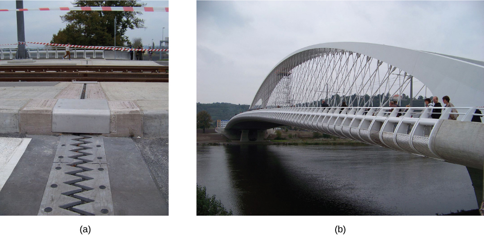 Photograph a shows an expansion joint as a small gap on a road. Photograph b shows Auckland Harbour Bridge.