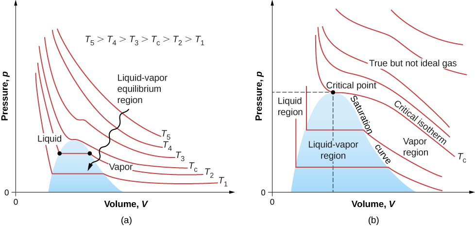 The figure has two plots of Pressure, p, on the vertical axis as a function of volume, V, on the horizontal axis, at several different temperatures. Figure a shows six isotherms labeled, from the bottom to top, T 1, T 2, T C, T 3, T 4 and T 5. A note on the graph tells us that these temperatures are also in increasing order. The graphs show that pressure generally decreases with increasing volume for all temperatures, except at low temperatures when pressure is constant as a function of volume during a phase change. The phase change occupies a region in the plot shaded in blue and labeled Liquid-vapor equilibrium region. Figure b is the same plot, zoomed in to show the p V diagram in and around the shaded liquid vapor region. Above the shaded region, the curves decrease monotonically. The curve that is still outside but just touches the peak of the liquid vapor region is labeled as the critical isotherm, T c. The point at which this curve meets the shaded region is labeled the critical point. The region to the left of the shaded region and at pressures lower than the pressure of the critical point is the liquid region. The region to the right of the shaded region is the vapor region. The right edge of the shaded region is the saturation curve. The region above the critical isotherm is labeled as true but not ideal gas.