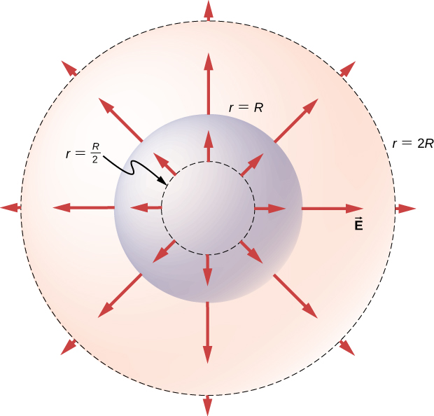 Figure shows three concentric circles. The smallest one is dotted and labeled r equal to R by 2. The middle one is labeled r equal to R and the largest one, also dotted, is labeled r equal to 2R. Arrows labeled vector E originate from each circle and point outward, perpendicular to the circle. The ones on the outer circle are smallest and the ones on the middle circle are the longest.