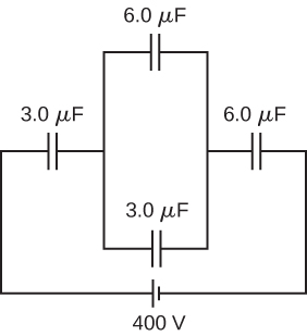 Figure shows a closed circuit with a battery of 400 volts. The positive terminal of the battery is connected to a capacitor of 3 micro Farads, followed by a combination of two capacitors in parallel with each other, followed by a fourth capacitor of value 6 micro Farads, which in turn is connected to the negative terminal of the battery. The capacitors in parallel to each other have values 6 micro Farad and 3 micro Farad.