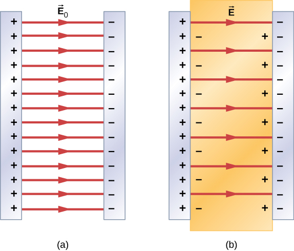 Figure a shows an empty charged capacitor. Arrows representing electric field E0 go from the positive plate to the negative one. Figure b shows a dielectric-filled charged capacitor. Arrows representing electric field E go from the positive plate to the negative one. The dielectric has negative charges accumulated near the surface of the positive plate and positive charges accumulated near the surface of the negative plate.