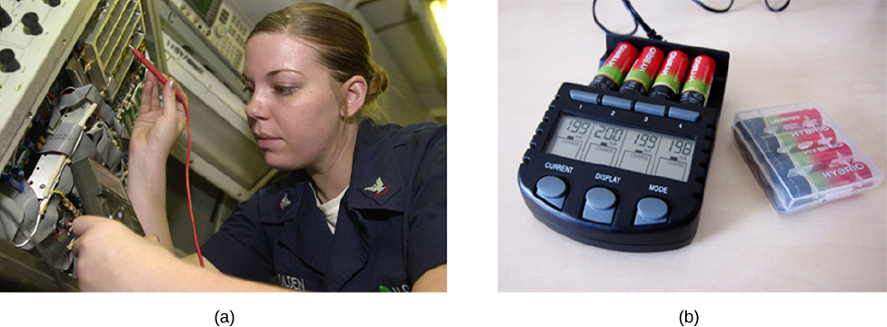 Part a shows photo of a technician testing batteries and part b shows a battery testing device.