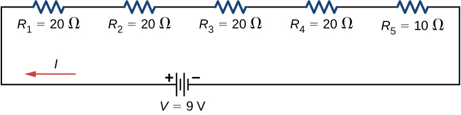 The figure shows four resistors of 20 Ω and one resistor of 10 Ω connected in series to a 9 V voltage source.