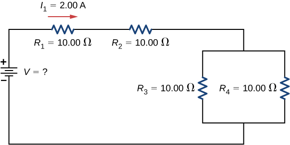 The figure shows a circuit with four resistors and a voltage source. The positive terminal of voltage source is connected to resistor R subscript 1 of 10 Ω with right current I subscript 1 of 2 A connected in series to resistor R subscript 2 of 10 Ω connected in series to two parallel resistors R subscript 3 of 10 Ω and R subscript 4 of 10 Ω.