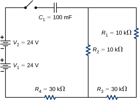 The circuit shows positive terminal of voltage source V subscript 1 of 24 V connected to negative terminal of voltage source of voltage source V subscript 2 of 24 V. The positive terminal of V subscript 2 is connected to an open switch. The other end of the switch is connected to capacitor C subscript 1 of 100 mF which is connected to two parallel branches, one with resistor R subscript 2 of 10 kΩ and other with R subscript 1 of 10 kΩ and R subscript 3 of 30 kΩ. The two branches are connected to source V subscript 1 through resistor R subscript 4 of 30 kΩ.