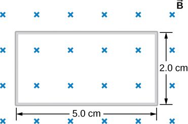 Figure shows a square coil with the sides of 2.0 and 5.0 cm. A uniform magnetic field B is directed perpendicular to the coil.