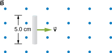 Figure shows the 5 cm long rod of that moves to the right at a constant velocity v in a uniform perpendicular magnetic field.