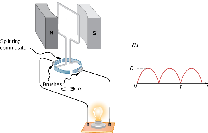 Picture shows a single rectangular coil that is rotated at constant angular velocity between opposite poles of magnet. Generated current lights the bulb. Graph shows pulsed dc emf output.