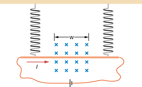 An illustration of the problem. The copper rod is horizontal and hangs from springs at either end. A current I flows to the right through the rod. A field B points into the page in a region width w.