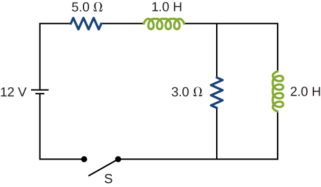 A 12 volt battery is connected in series with a 5 ohm resistor, a 1 Henry inductor, a 3 ohm resistor and an open switch S. Parallel to the 3 ohm resistor is a 2 Henry inductor.