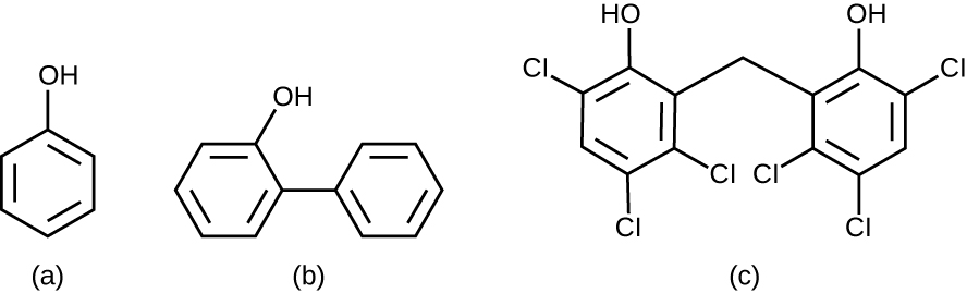 A) a chemical structure with a carbon ring of 6 carbons with an OH group on one. B) A chemical structure with 2 carbon rings (6 carbons each) connected by a covalent bond; one carbon has an OH. C) Two carbon rings (6 carbons) connected a carbon. Each ring has an OH and 3 Cls.