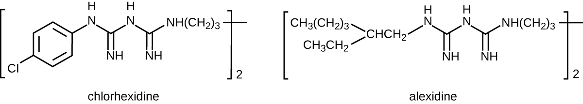 Chemical structure of chlorhexidine. A 6 carbon ring with CL on one carbon; on the other side of the ring is a chain of Nitrogens and carbon. Chemical structure of alexidine. A chain of carbons and nitrogens; the very end has a branch with 2 carbon chains.