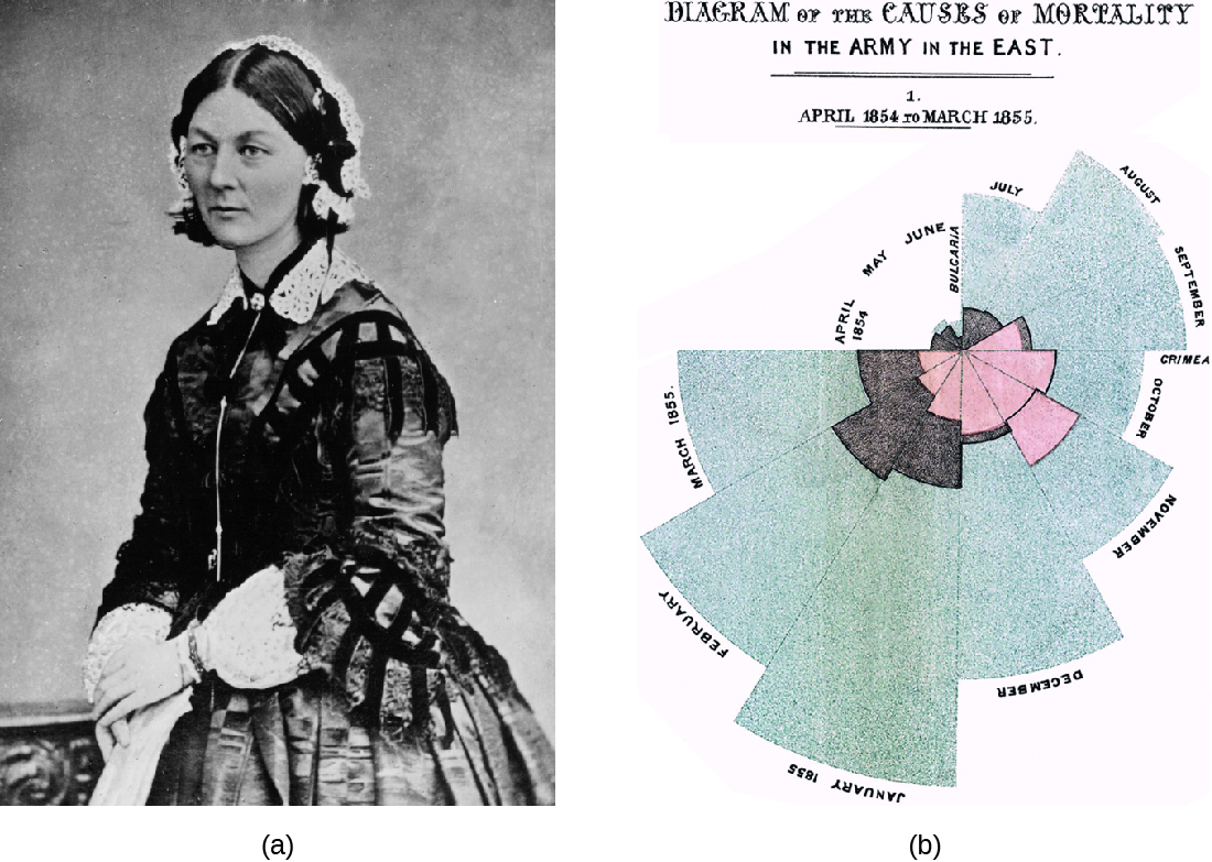 a) Photo of Florence Nightingale. B) A diagram with a wedge for each moth three different colors show different causes of death.