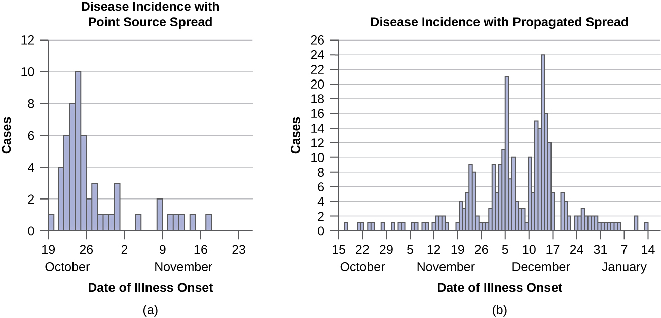 a) Graph of Disease incidence with point source spread. X axis is months; Y axis is cases. There is a peak in October which reaches 10 but quickly drops back down to the baseline of 1-2.  B) Disease incidence with propagated spread. X axis is months and Y axis is cases. There are three peaks. In November it reaches 10, in early December 20; in late December 24. It slowly drops back down.