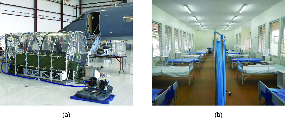 a) Photo of a plastic tent next to an airplane b) Photo of beds in a room.