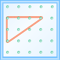 The figure shows a grid of evenly spaced pegs. There are 5 columns and 5 rows of pegs. A rubber band is stretched between the peg in column 1, row 2, the peg in column 1, row 4, and the peg in column 4, row 2, forming a right triangle. The 1, 2 peg is the vertex of the 90 degree angle, while the line between the 1, 4 and 4, 2 pegs forms the hypotenuse of the triangle.