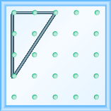 The figure shows a grid of evenly spaced pegs. There are 5 columns and 5 rows of pegs. A rubber band is stretched between the peg in column 1, row 1, the peg in column 1, row 4 and the peg in column 3, row 1, forming a right triangle. The 1, 1 peg forms the vertex of the 90 degree angle and the line from the 1, 4 peg to the 3, 1 peg forms the hypotenuse of the triangle.