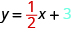 The figure shows the equation y equals one half x, plus 3. The fraction one half is colored red and the number 3 is colored blue.