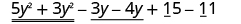 5y squared plus 3y squared, identified as like terms, minus 3y minus 4y, identified as like terms, plus 15 minus 11, identified as like terms.