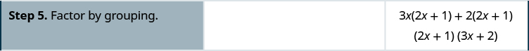The next step is to factor by grouping. 3 x(2 x + 1) + 2(2 x + 1) then factor again (2 x + 1)(3 x + 2).