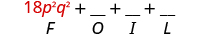 18 p squared q squared plus blank plus blank plus blank. Beneath 18 p squared q squared is the letter F.