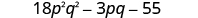 18 p squared q squared minus 33 p q plus 30 p q minus 55.