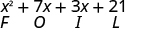 x squared plus 7 x plus 3 x plus 21. Below x squared is the letter F, below 7 x is the letter O, below 3 x is the letter I, and below 21 is the letter L, spelling FOIL.