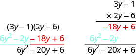 This figure has two columns. In the left column is the product of two binomials, 3y minus 1 and 2y minus 6. Below this is 6y squared minus 2y minus 18y plus 6. Below this is 6y squared minus 20y plus 6. In the right column is the vertical multiplication of 3y minus 1 and 2y minus 6. Below this is the partial product negative 18y plus 6. Below this is the partial product 6y squared minus 2y. Below this is 6y squared minus 20y plus 6.