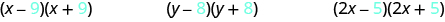 This figure has three products. The first is x minus 9, in parentheses, times x plus 9, in parentheses. The second is y minus 8, in parentheses, times y plus 8, in parentheses. The last is 2x minus 5, in parentheses, times 2x plus 5, in parentheses.