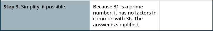 The final step reads “Step 3. Simplify, if possible.” The explanation reads “Because 31 is a prime number, it has no factors in common with 36. The answer is simplified.”