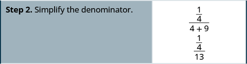 The next line’s direction reads “Step 2. Simplify the denominator.” To the right of this, we have 1/4 over the quantity (4 plus 9), under which we have 1/4 over 13.