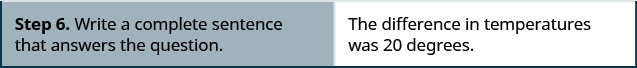 The final row says, “Step five. Write a complete sentence that answers the question.” Next to this in the right column, it says “the difference in temperatures was 20 degrees.”