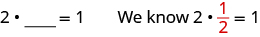 We have the statement that 2 times a blank space equals 1. Then it is stated that “We know 2 times 1/2 equals 1.”