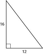 A right triangle with legs marked 16 and 12.