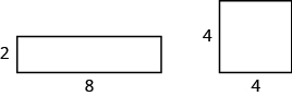 On the left, we have a rectangle with height 2 and width 8. On the right, we have a square with height 4 and width 4.