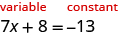 This figure shows the equation 7x plus 8 equals negative 13, with the left side of the equation labeled “variable”, written in red, and the right side of the equation labeled “constant”, written in red.