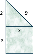 This figure shows a marble sculpture in the form of a square with a right triangle resting on top of it. The sides of the square are x inches long, the legs of the triangle are x and two inches long, and the hypotenuse of the triangle is five inches long.